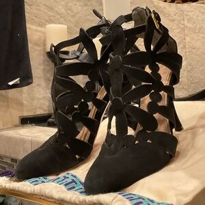 Tory Burch Black Suade Caged Floral strap Stiletto Heels
